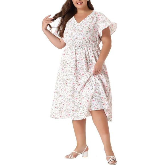 Women's Plus Size Dress Floral V Neck Smocked A-Line Flowy Midi Dress White - Picture 2 of 6